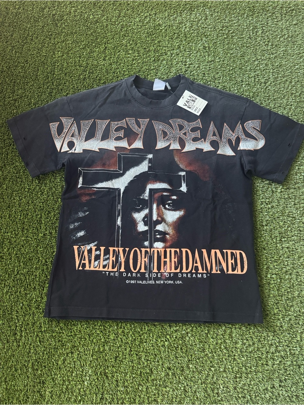 Vale USA Valley of the Damned Rhinestone Bling Tee Black Y2K Streetwear M